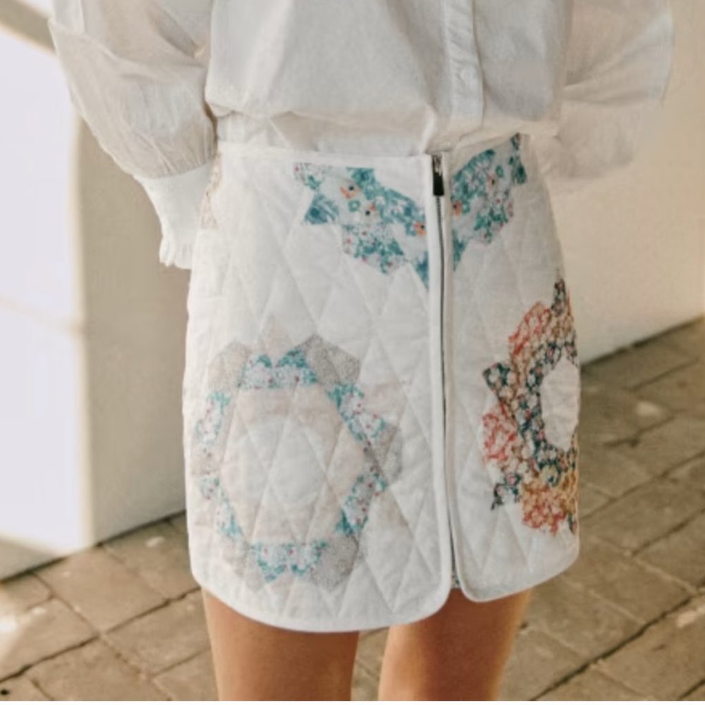 Sezane White Quilted Mini Skirt with Floral Patchwork